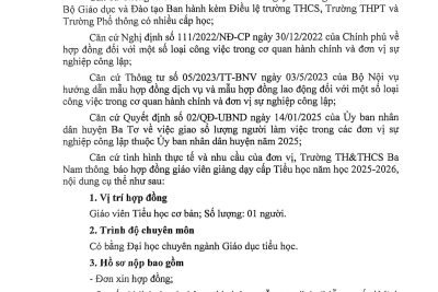 Thông báo hợp đồng giáo viên tiểu học năm học 2025-2026